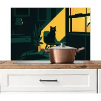 KitchenYeah Spatscherm keuken 80x55 cm - Kookplaat achterwand Zwarte kat - Mysterieus - Gele instraal - Muurbeschermer - Spatwand fornuis - Hoogwaardig aluminium