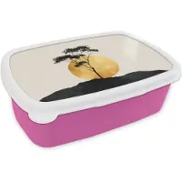 MuchoWow Broodtrommel Roze - Lunchbox Zwarte boom - Gouden cirkel - Heuvel - Brooddoos 18x12x6 cm - Brood lunch box - Broodtrommels voor kinderen en volwassenen