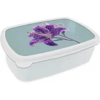 MuchoWow Broodtrommel Wit - Lunchbox Lelie - Bloem - Paars - Stippen - Brooddoos 18x12x6 cm - Brood lunch box - Broodtrommels voor kinderen en volwassenen