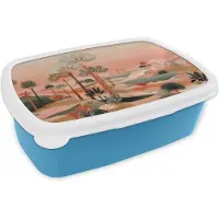 MuchoWow Broodtrommel Blauw - Lunchbox Roze landschap - Palmen - Water - Brooddoos 18x12x6 cm - Brood lunch box - Broodtrommels voor kinderen en volwassenen
