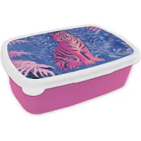 MuchoWow Broodtrommel Roze - Lunchbox Tijger - Roze - Bladeren - Jungle - Brooddoos 18x12x6 cm - Brood lunch box - Broodtrommels voor kinderen en volwassenen