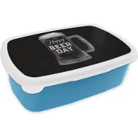 MuchoWow Broodtrommel Blauw - Lunchbox Bierpul - Witte krijtletters - Happy beer day - Brooddoos 18x12x6 cm - Brood lunch box - Broodtrommels voor kinderen en volwassenen