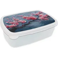 MuchoWow Broodtrommel Wit - Lunchbox Bloesem - Bloem - Roze - Tak - Brooddoos 18x12x6 cm - Brood lunch box - Broodtrommels voor kinderen en volwassenen
