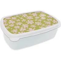 MuchoWow Broodtrommel Wit - Lunchbox Bloemen - Roze - Getekend - Patroon - Brooddoos 18x12x6 cm - Brood lunch box - Broodtrommels voor kinderen en volwassenen