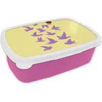 MuchoWow Broodtrommel Roze - Lunchbox Vogels - Cirkel - Geel - Beweging - Brooddoos 18x12x6 cm - Brood lunch box - Broodtrommels voor kinderen en volwassenen