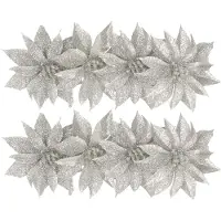 Gerimport Kerstboomversiering Bloemen - 8x stuks - 9 cm - zilver glitter - op clip