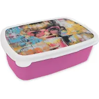 MuchoWow Broodtrommel Roze - Lunchbox Zonnebril - Vrouw - Kleurrijk - Verfspetters - Brooddoos 18x12x6 cm - Brood lunch box - Broodtrommels voor kinderen en volwassenen
