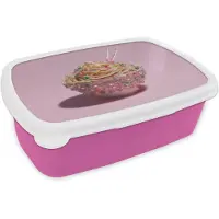 MuchoWow Broodtrommel Roze - Lunchbox Noodles - Edelstenen - Stokjes - Roze - Brooddoos 18x12x6 cm - Brood lunch box - Broodtrommels voor kinderen en volwassenen