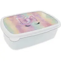 MuchoWow Broodtrommel Wit - Lunchbox Eenhoorn - Glitters - Regenboog - Pastel - Brooddoos 18x12x6 cm - Brood lunch box - Broodtrommels voor kinderen en volwassenen