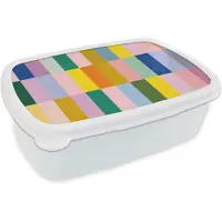 MuchoWow Broodtrommel Wit - Lunchbox Stroken - Blauw - Patroon - Abstract - Brooddoos 18x12x6 cm - Brood lunch box - Broodtrommels voor kinderen en volwassenen