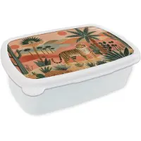 MuchoWow Broodtrommel Wit - Lunchbox Tijger - Palmen - Cactus - Oranje - Brooddoos 18x12x6 cm - Brood lunch box - Broodtrommels voor kinderen en volwassenen