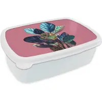 MuchoWow Broodtrommel Wit - Lunchbox Plant - Bladeren - Stippen - Abstract - Brooddoos 18x12x6 cm - Brood lunch box - Broodtrommels voor kinderen en volwassenen