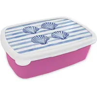 MuchoWow Broodtrommel Roze - Lunchbox Vier schelpen - Blauw - Wit - Strepen - Brooddoos 18x12x6 cm - Brood lunch box - Broodtrommels voor kinderen en volwassenen