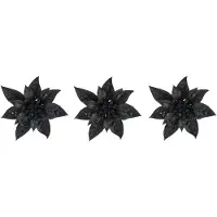 COSY&TRENDY Cosy & Trendy Decoratie bloem - 4x stuks - kerstster - op clip - zwart - glitter -15 cm - kunststof - kerstversiering