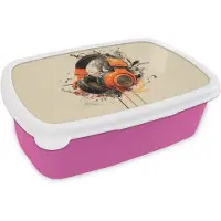 MuchoWow Broodtrommel Roze - Lunchbox Koptelefoon - Oranje - Explosief - Brooddoos 18x12x6 cm - Brood lunch box - Broodtrommels voor kinderen en volwassenen