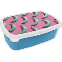 MuchoWow Broodtrommel Blauw - Lunchbox Bananen - Patroon - Blauw - Roze - Brooddoos 18x12x6 cm - Brood lunch box - Broodtrommels voor kinderen en volwassenen