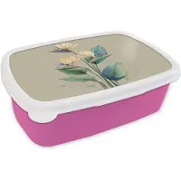 MuchoWow Broodtrommel Roze - Lunchbox Paradijsvogelbloemen - Blauwgroene bladeren - Beige - Brooddoos 18x12x6 cm - Brood lunch box - Broodtrommels voor kinderen en volwassenen