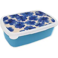MuchoWow Broodtrommel Blauw - Lunchbox Bloemen - Blauw -Patroon - Wit - Brooddoos 18x12x6 cm - Brood lunch box - Broodtrommels voor kinderen en volwassenen