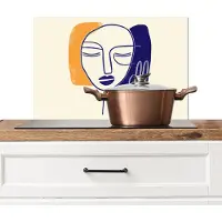 KitchenYeah Spatscherm keuken 60x40 cm - Kookplaat achterwand Minimalistisch - Gezicht - Hand - Oranje - Blauw - Muurbeschermer - Spatwand fornuis - Hoogwaardig aluminium