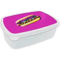 MuchoWow Broodtrommel Wit - Lunchbox Hotdog - Roze - Retro - Brooddoos 18x12x6 cm - Brood lunch box - Broodtrommels voor kinderen en volwassenen