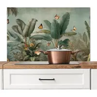KitchenYeah Spatscherm keuken 100x65 cm - Kookplaat achterwand Tropisch bladerdek - Vlinders - groen - Bruin - Muurbeschermer - Spatwand fornuis - Hoogwaardig aluminium