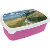 MuchoWow Broodtrommel Roze - Lunchbox Zandpad - Huis - Bomen - Grasveld - Brooddoos 18x12x6 cm - Brood lunch box - Broodtrommels voor kinderen en volwassenen
