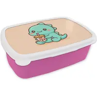 MuchoWow Broodtrommel Roze - Lunchbox Dino - Boba - kawaii - Oranje - Brooddoos 18x12x6 cm - Brood lunch box - Broodtrommels voor kinderen en volwassenen