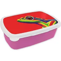 MuchoWow Broodtrommel Roze - Lunchbox Kikker - Kleurrijk - Strepen - Ogen - Brooddoos 18x12x6 cm - Brood lunch box - Broodtrommels voor kinderen en volwassenen