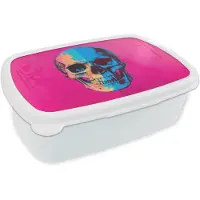 MuchoWow Broodtrommel Wit - Lunchbox Neon - Blauw - Pop-art - Schedel - Brooddoos 18x12x6 cm - Brood lunch box - Broodtrommels voor kinderen en volwassenen