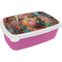 MuchoWow Broodtrommel Roze - Lunchbox Vrouw - Kauwgom - Graffiti - Love - Brooddoos 18x12x6 cm - Brood lunch box - Broodtrommels voor kinderen en volwassenen
