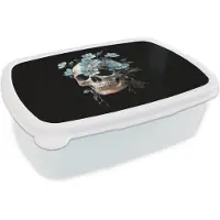 MuchoWow Broodtrommel Wit - Lunchbox Schedel - Blauw - Bloemen - Bladeren - Brooddoos 18x12x6 cm - Brood lunch box - Broodtrommels voor kinderen en volwassenen