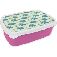 MuchoWow Broodtrommel Roze - Lunchbox Triceratop - Blauw - Stippen - Boompjes - Brooddoos 18x12x6 cm - Brood lunch box - Broodtrommels voor kinderen en volwassenen
