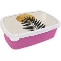 MuchoWow Broodtrommel Roze - Lunchbox Zwart palmblad - Gouden cirkel - Beige achtergrond - Brooddoos 18x12x6 cm - Brood lunch box - Broodtrommels voor kinderen en volwassenen