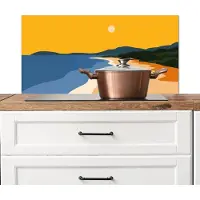 KitchenYeah Spatscherm keuken 80x40 cm - Kookplaat achterwand Kustlijn - Oranje lucht - Begroeiing - Muurbeschermer - Spatwand fornuis - Hoogwaardig aluminium