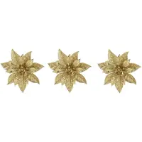 COSY&TRENDY Cosy & Trendy Decoratie bloem - 4x stuks - kerstster - op clip - goud - glitter -15 cm - kunststof - kerstversiering