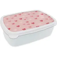 MuchoWow Broodtrommel Wit - Lunchbox Hartjes - Patroon - Roze - Eenvoudig - Brooddoos 18x12x6 cm - Brood lunch box - Broodtrommels voor kinderen en volwassenen