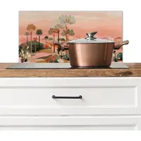 KitchenYeah Spatscherm keuken 70x30 cm - Kookplaat achterwand Roze landschap - Palmen - Water - Muurbeschermer - Spatwand fornuis - Hoogwaardig aluminium