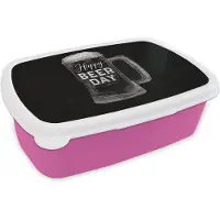 MuchoWow Broodtrommel Roze - Lunchbox Bierpul - Witte krijtletters - Happy beer day - Brooddoos 18x12x6 cm - Brood lunch box - Broodtrommels voor kinderen en volwassenen