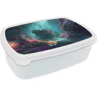 MuchoWow Broodtrommel Wit - Lunchbox Schip - Hout - Koraalriffen - Zonlicht - Brooddoos 18x12x6 cm - Brood lunch box - Broodtrommels voor kinderen en volwassenen