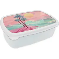 MuchoWow Broodtrommel Wit - Lunchbox Palmbomen - Golven - Zee - Brooddoos 18x12x6 cm - Brood lunch box - Broodtrommels voor kinderen en volwassenen