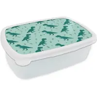 MuchoWow Broodtrommel Wit - Lunchbox Donkergroen - Dinosaurussen - Afdrukken - Bladeren - Brooddoos 18x12x6 cm - Brood lunch box - Broodtrommels voor kinderen en volwassenen
