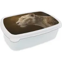 MuchoWow Broodtrommel Wit - Lunchbox Leeuwin - Bloemen - Wit - Goud - Brooddoos 18x12x6 cm - Brood lunch box - Broodtrommels voor kinderen en volwassenen
