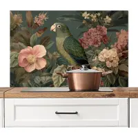 KitchenYeah Spatscherm keuken 100x65 cm - Kookplaat achterwand Groene papegaai - Kleurrijke bloemen - Donkere achtergrond - Muurbeschermer - Spatwand fornuis - Hoogwaardig aluminium