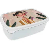 MuchoWow Broodtrommel Wit - Lunchbox Vrouw - Bloemen - Pastel - Brooddoos 18x12x6 cm - Brood lunch box - Broodtrommels voor kinderen en volwassenen