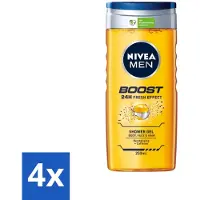 Nivea 4 x Men Boost Douchegel 250 ml - Douchegel - Cafeïne - Energieboost - Fris Effect - Verfrissend