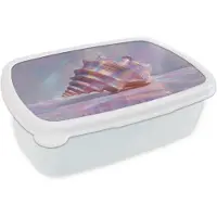 MuchoWow Broodtrommel Wit - Lunchbox Schelp - Glanzend - Regenboogtinten - Brooddoos 18x12x6 cm - Brood lunch box - Broodtrommels voor kinderen en volwassenen