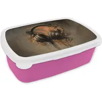 MuchoWow Broodtrommel Roze - Lunchbox Koptelefoon - Bruin - Verf - Vintage - Brooddoos 18x12x6 cm - Brood lunch box - Broodtrommels voor kinderen en volwassenen