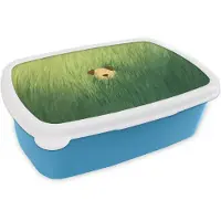 MuchoWow Broodtrommel Blauw - Lunchbox Hondje - Gras - Oren - Bruin - Brooddoos 18x12x6 cm - Brood lunch box - Broodtrommels voor kinderen en volwassenen