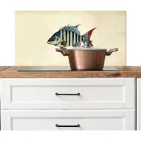 KitchenYeah Spatscherm keuken 90x45 cm - Kookplaat achterwand Gestreept - Donkerblauw - Rugvin - Vis - Muurbeschermer - Spatwand fornuis - Hoogwaardig aluminium