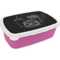 MuchoWow Broodtrommel Roze - Lunchbox Hamburger - Friet - Frisdrank - Krijttekening - Brooddoos 18x12x6 cm - Brood lunch box - Broodtrommels voor kinderen en volwassenen